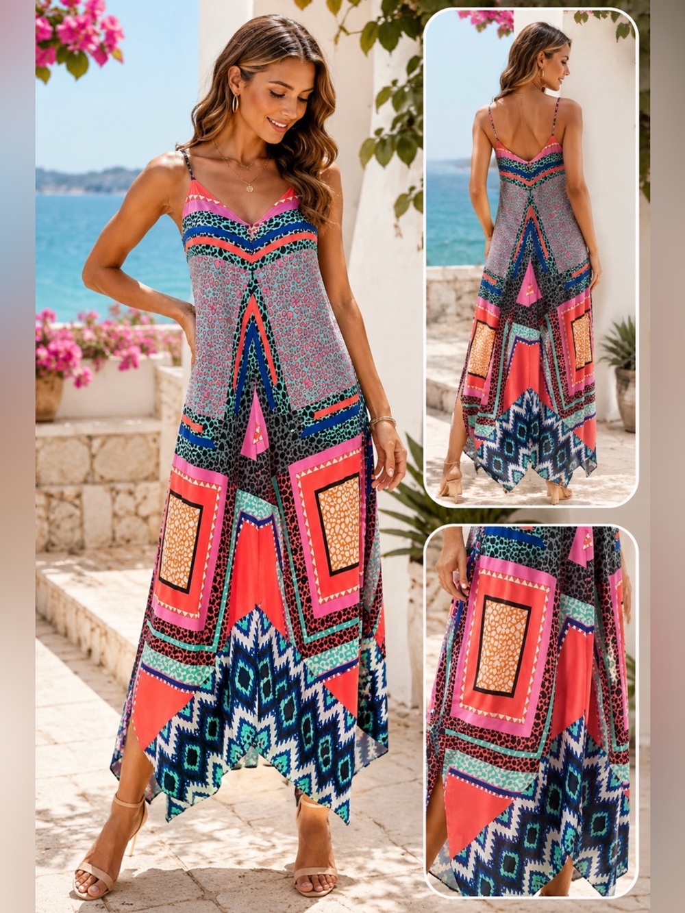 Aqua Boho Geometric Handkerchief Maxi Dress M Pink Blue Festival Resort